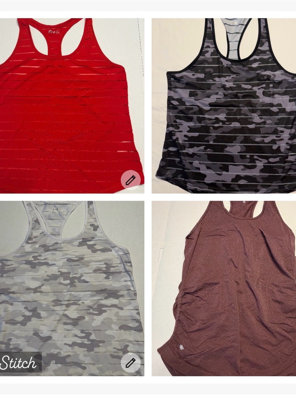 4 Women's Tank Tops Large 3-Zyia Red, Black Camo, Gray Camo 1 Athleta Maroon